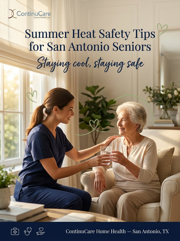 ContinuCareSA's tweet photo. San Antonio summers are hard on everyone, but seniors face real health risks from heat and dehydration. Our nurses watch closely for warning signs during home visits in peak summer months. Ask ContinuCare how we help patients stay safe through San Antonio's hottest months. #SanA https://t.co/rYvVN9JJu0