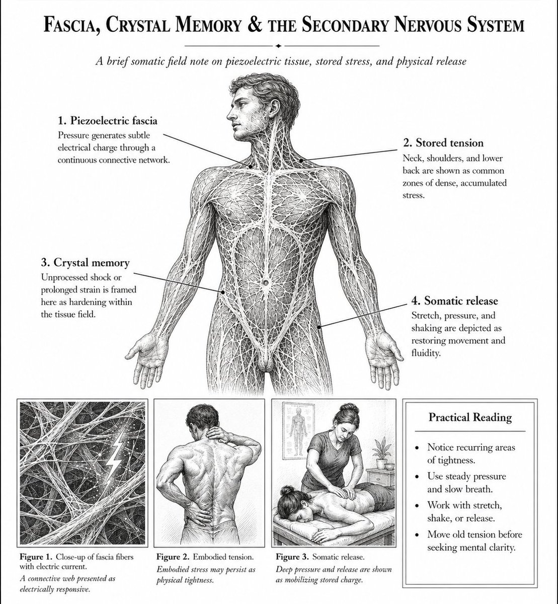 niyetsel's tweet photo. your body is hiding an entire secondary nervous system made of liquid crystal.

modern medicine treats fascia like simple biological packaging. they describe it as just a thin white web wrapping your muscles to keep them in place..
but they completely ignore the quantum physics of it.

Fascia is actually a continuous piezoelectric network.
This means it generates measurable electrical currents the moment you apply physical pressure to it.
It acts like a highly advanced fiber-optic web. It conducts intuitive signals through your body much faster than your actual brain.

and this is exactly where your unhealed history lives.

Emotions are not just abstract feelings. They carry distinct, heavy electromagnetic signatures.
When you experience a sudden shock, a quiet betrayal, or months of chronic corporate burnout, that dense energy has to go somewhere.
If you do not physically process it in the moment, your fascia absorbs the hit.
ıt alters its own structure to protect you. It literally crystallizes and hardens.

That chronic neck pain or heavy lower back tension is rarely just bad posture.
It is a biological archive of every stressful event you tried to ignore.
You are walking around in a stiff suit of trapped energy.

This explains exactly why traditional talk therapy often hits a wall.
You can analyze your past or your toxic environment for a decade and still feel completely paralyzed in life.
Therapy only speaks to the logical mind.
But your trauma is stored in the tissue.

You have to break the crystal memory manually.

Ancient traditions understood this perfectly. They developed somatic shaking, acupressure, and intense physical release for a reason.
When you stretch a tight muscle to its absolute limit and hold it there, you force a biological reaction.
The tissue generates a new electrical charge.
The hardened crystal melts back into a fluid state.
And that trapped emotional signature is instantly flushed out of your system.

This is the exact reason people suddenly start crying on a massage table or during a deep stretch.
It is not a psychological breakdown.
ıt is a localized energetic purge.

Stop trying to think your way out of a block that is physically wired into your biology.
Find the dense, painful spots in your body tonight.
Apply deep, steady pressure to those areas until the tissue finally gives way.

you have to manually move the old energy out to let the new timeline in.