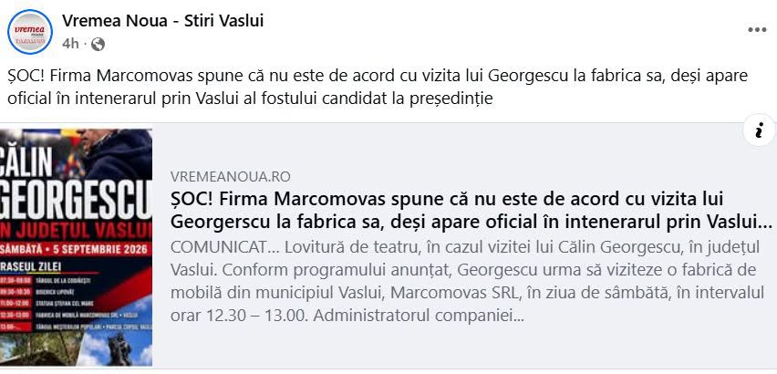 Ellunes's tweet photo. A izbucnit un mic scandal in Vaslui, unde oamenii nu mai vor sa aiba de-a face cu guru Georgescu si alaiul lui.

S-au pus autocare la dispozitie pentru vizita tovaraseasca de sambata a voievudului, dupa tipic: un targ, dimineata, poze la o biserica din zona, alte obiective unde fanii tovarasului CG ii pot pupa mana, plus o fabrica locala, în intervalul orar 12.30 – 13.00.

Administratorul fabricii de mobila companiei Marcomovas SRL a rămas șocat când a auzit anunțul și a emis un comunicat în acest sens.
„Colectivul Marcomovas nu este de acord cu vizita lui Georgescu în fabrică și nu înțelege de ce suntem noi prinși în acest program.
Prin urmare, transmitem organizatorilor că salariații fabricii nu vor ca Georgescu să viziteze fabrica"

Problema a fost dezbatuta in ședința AUR de la Vaslui, cei de acolo l-au întrebat pe unul dintre liderii organizației, consilierul județean Cătălin Diaconu, care deține, de altfel, o secție de mobilă la Vaslui (care se numește Woodlinemob Vaslui, n.r.) dacă Georgescu vine la el în vizită și dacă firma lui s-ar chema acum… Marcomovas.
Acesta a zis ca nu, nu-l viziteaza pe el si habar nu are de ce a anuntat Georgescu ca merge la fabrica unuia care are simpatii USR.

(Dana Hering / FB)