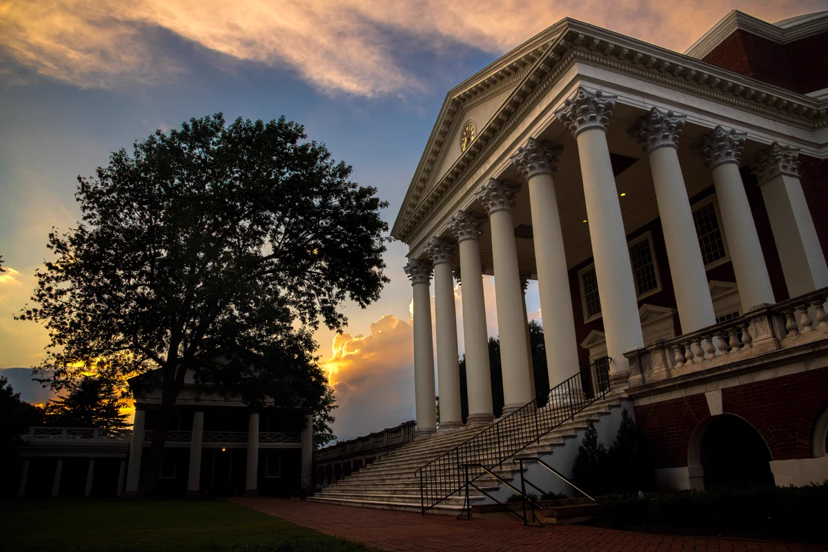 The Rotunda at the University of Virginia during sunset.