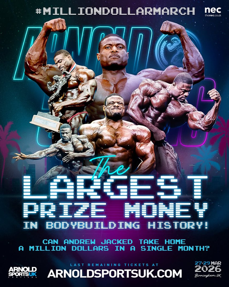 ronaldo_nb's tweet photo. The Million Dollar March is here!💰💪
The largest prize in bodybuilding history is on the line.

Can  make history at the 2026 Arnold Sports Festival UK? 🇬🇧

Don’t miss the action LIVE from Birmingham, March 27–29.

Get the last remaining tickets now a... https://t.co/0XqeEuQFKG