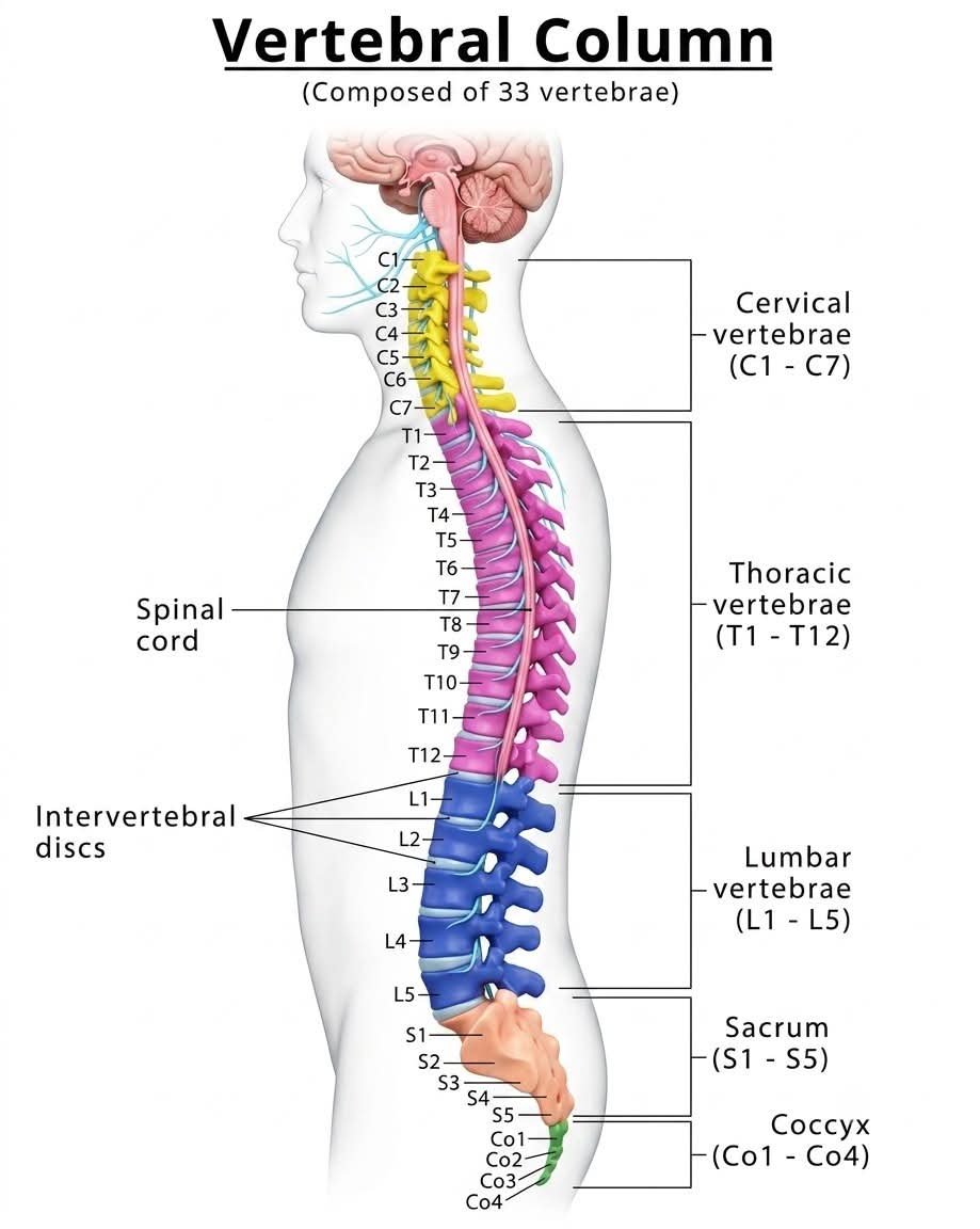 doctorinstaha's tweet photo. Vertebral column consists of 33 vertebrae:
7 Cervical + 12 Thoracic + 5 Lumbar + 5 Sacral + 4 Coccygeal = 33.
#Anatomy #VertebralColumn #Spine #MedicalStudents #DoctorInsta https://t.co/80bsXHzGLx