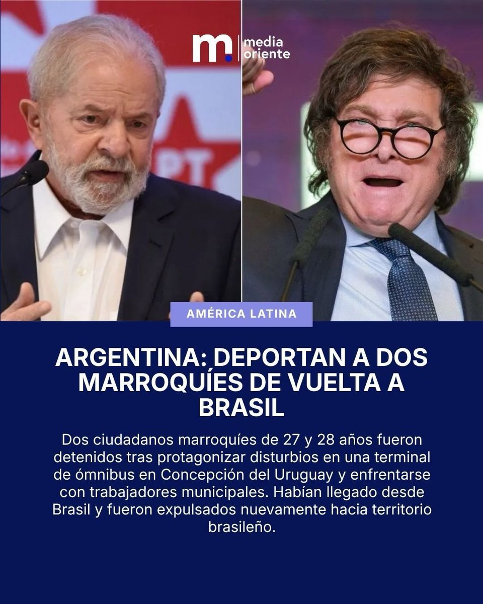 FerroAnton's tweet photo. 🇦🇷🚨 ARGENTINA | DEPORTAN A DOS MARROQUÍES TRAS INCIDENTES DE VUELTA A BRASIL

Dos ciudadanos marroquíes de 27 y 28 años fueron detenidos después de causar disturbios en la terminal de ómnibus de Concepción del Uruguay y protagonizar episodios de agresividad contra trabajadores municipales.

Ambos habían llegado desde Brasil y fueron expulsados nuevamente hacia territorio brasileño.

El episodio ocurre mientras aumenta la atención sobre la llegada de ciudadanos marroquíes a Brasil: hasta julio de 2026, 57 marroquíes habían solicitado asilo en Santa Catarina y 835 en todo Brasil.