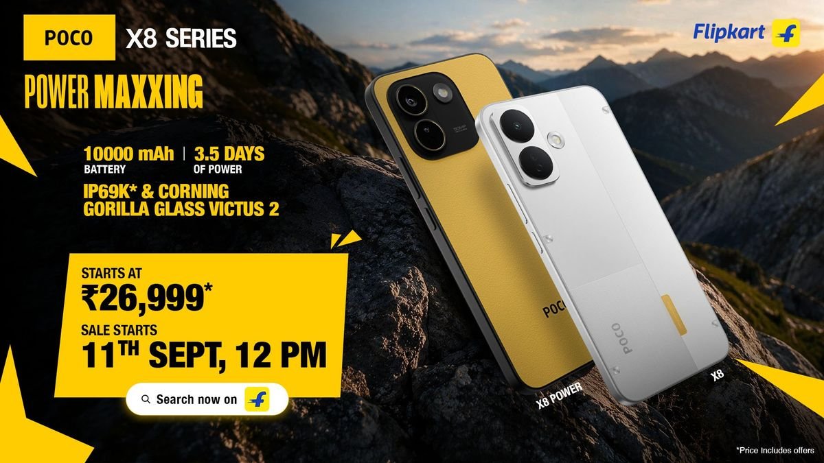 DealBeeOfficial's tweet photo. 🚨Poco X8 & X8 Power officially launched in India!!

Poco X8 Specs :-

- 6.83" 1.5K flat 120Hz OLED display.
- Snapdragon 6s Gen4 SoC, - LPDDR4X RAM + UFS 2.2 Storage (UFS 3.1 on 256GB) 
- 50+2MP, 16 MP front camera.
- 9,000 mAh battery, 67W wired, 22.5W reverse wired charging.
- Dual speakers with Dolby Atmos.
- IP66/IP68/IP69/IP69K rating.
- HyperOS 3 Based on Android 16, 4+6 years of updates

Pricing :-
6+128GB - Rs 29,999
8+128GB - Rs 32,999 
8+256GB - Rs 35,999

POCO X8 Power Specs :-

- 6.83" 1.5K flat 120Hz OLED display.
- Snapdragon 6 Gen 5 SoC, LPDDR5X RAM + UFS 2.2 Storage (UFS 4.1 on 256 GB)
- 50+8MP, 32MP selfie camera 
- 10,000 mAh battery, 100W wired, 27W reverse wired charging.
- Dual speakers with Dolby Atmos
- IP66/IP68/IP69/IP69K ratings
- HyperOS 3 based on Android 16, 4+6 years of updates.

Pricing :-
8+128GB - Rs 35,999 
8+256GB - Rs 38,999