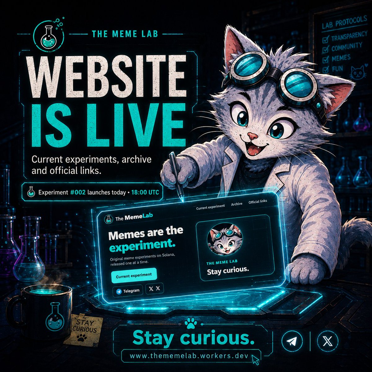 the_meme_lab_'s tweet photo. 🧪 THE MEME LAB IS NOW ONLINE

Our official site is live.

Current experiments, the lab archive and official links — all in one place.

Experiment #002 launches TODAY at 18:00 UTC.

🌐 https://t.co/Yrb7vzCtsV⁠

🐾 Stay curious.

#Solana #PumpFun #TheMemeLab https://t.co/kzWAqWaKjU
