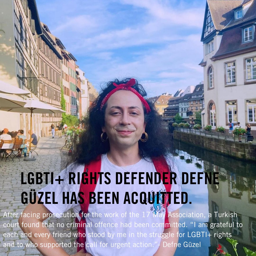 AmnestyNow's tweet photo. ✨ LGBTI+ rights defender Defne Güzel has been acquitted in Türkiye. 

You can help others facing similar injustice. Visit the Urgent Action page and write a letter in support of an individual at risk.
🔗 https://t.co/4E5i8HLAHW https://t.co/JNrGcrSVxp