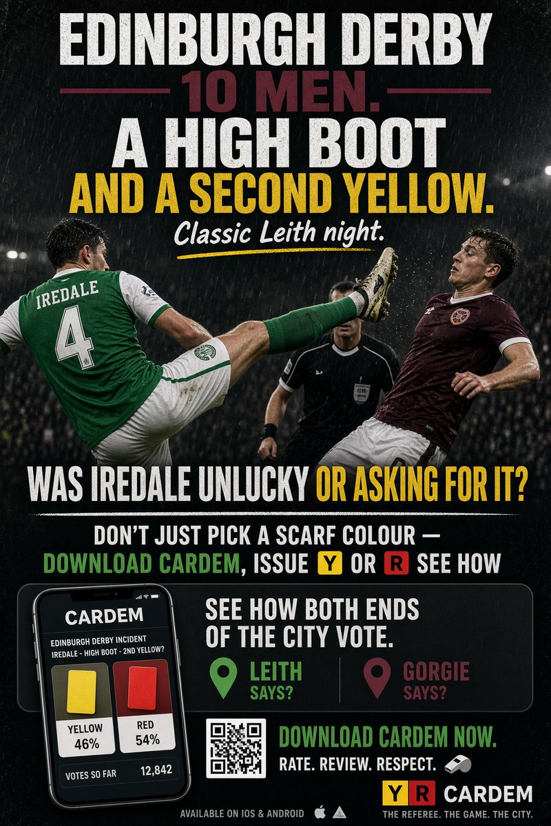 CardemLtd's tweet photo. First derby for Vrancken, ten-man Hibs, and a second yellow that split the ground in half. We’re not picking Hearts or Hibs. Download Cardem, card the high boot, and let the numbers do the shouting.

https://t.co/h7PlKfDh0V

#Cardem #WatchReactVote #Hearts #Hibs #EdinburghDerby #ScottishPremiership #RedCard #YellowCard #EasterRoad #SPFL #FootballDebate #RefWatch #JamTarts #Hibernian #FootballTwitter