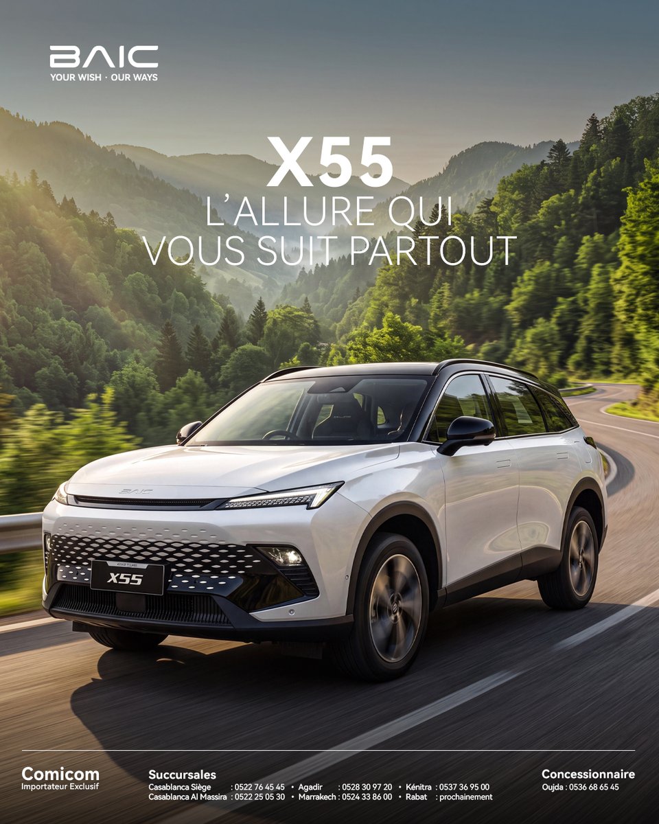 BaicMaroc's tweet photo. Le SUV BAIC X55 ne passe pas inaperçu.
Design sophistiqué, performance affirmée et domination assurée sur la route, il redéfinit les standards du SUV.
Découvrez le sur : https://t.co/cR4we23tx5
Ou contactez nous sur le numéro suivant : ☎ 05.22.76.45.45

#BAIC #X55  #BeBaic https://t.co/YAlsKMOwS8