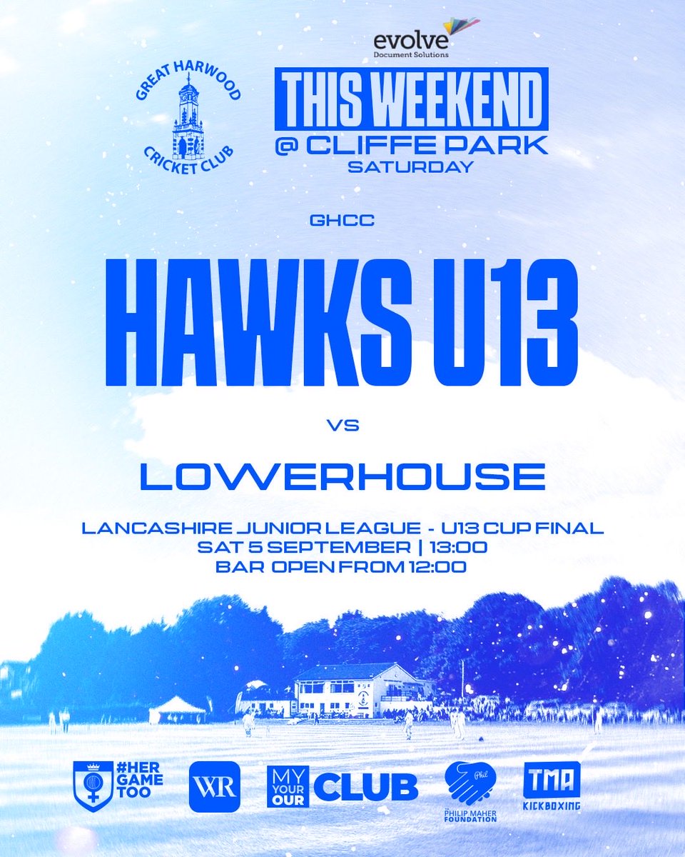 greatharwoodcc's tweet photo. This Weekend at @EvolveDocS Cliffe Park

Sat
1pm - Hawks U13s Cup Final vs Lowerhouse

Sun
9.15am - Harriers vs Moorside
12.30pm - 1st XI at Crompton
12.30pm - 2nd XI vs Crompton https://t.co/ikwAG8lOOa
