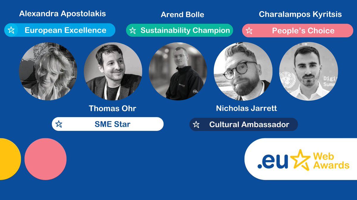 EUregistry's tweet photo. 🏆 Meet the jury of the 2026 .eu Web Awards!

Our five experts will evaluate this year's finalists across business, entrepreneurship, sustainability, culture, digital innovation and internet governance.

👥 Alexandra Apostolakis (@EU_IPO) 👥 Thomas Ohr (@EU_Startups) 👥 Arend Bolle (@southpoleglobal) 👥 Nicholas Jarrett (Europeana Foundation) 👥 Charalampos Kyritsis (Digital Dialogues)

📅 Nominations close 30 September.

➡️ Nominate today: https://t.co/wXdZg7PYzW

#26euWA #doteu