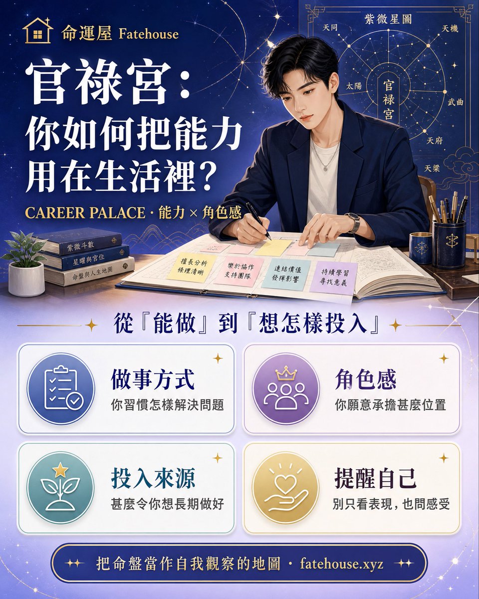 fatehouse0103's tweet photo. 官祿宮，不只是在問你「適合甚麼職業」。

它可以幫你觀察：面對任務時，你如何解決問題、願意承擔甚麼角色，以及甚麼令你想長期投入。

能力不是只用來證明自己，也可以用來找到適合自己的位置。

內容僅供自我探索參考。#紫微斗數 #官祿宮 #自我探索 https://t.co/UPDlltJDF1