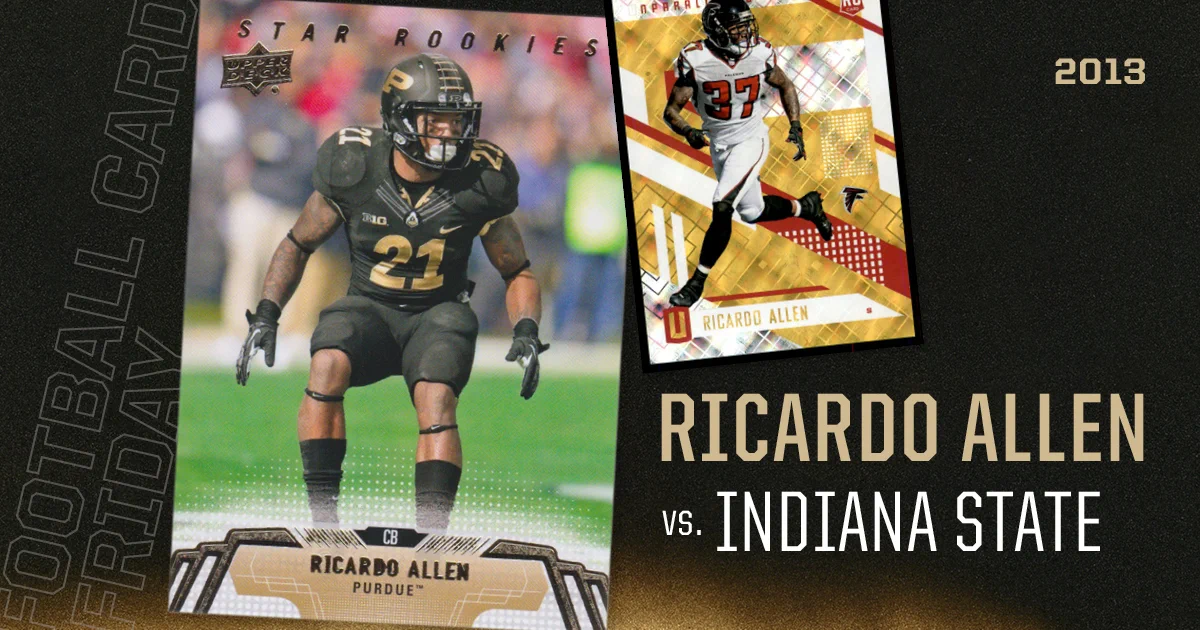 Image of two football trading cards featuring a player from Purdue, identified as Ricardo Allen. The cards highlight his participation in a game against Indiana State in 2013. Text on the image reads "Football Friday Card."