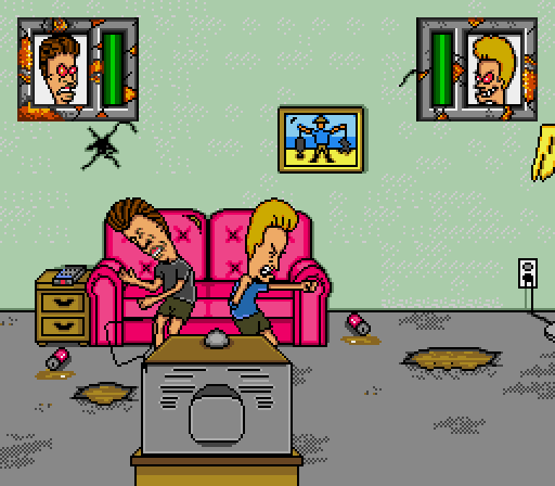 memory_fallen's tweet photo. Here's a new cheat code for a 32 year old game. In *Beavis &amp; Butt-head* for Genesis, enter this passcode: "-Raptor-"

This gives the duo glowing laser eyes (!) indicating invincibility. It also gives them max money ($6.40) and makes enemies fall with one shot. https://t.co/c47k9RFyc5