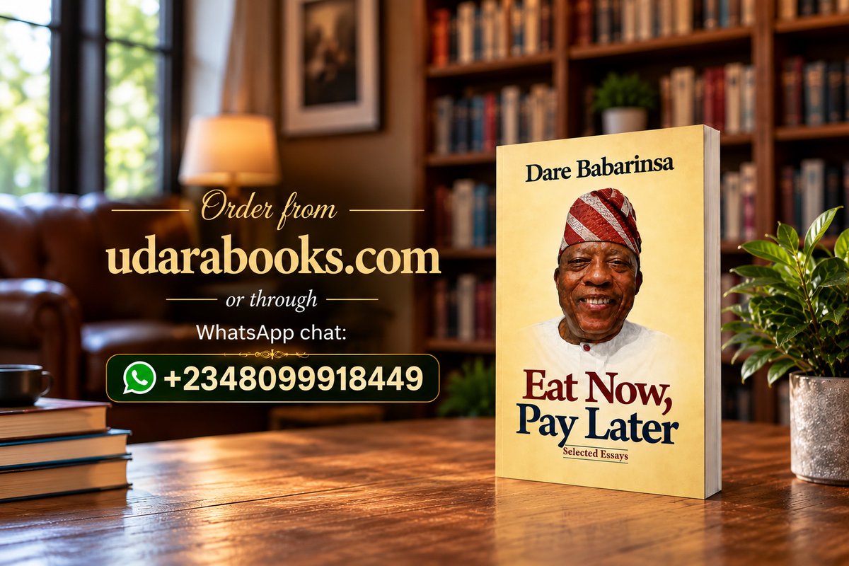 udarabooks's tweet photo. EAT NOW, PAY LATER

In Eat Now, Pay Later, the author confirms his reputation as one of the Grandmasters of modern Nigerian journalism. The reader is served, in exhilarating details, vignettes of modern Nigerian history, from the heroic exploits of Chief Moshood Abiola and the inner powerplays that culminated in the June 12 debacle to the demands of modern democracy and the new challenges facing the historically influential Nigerian media.

The book is a full menu on Africa’s greatest and most populous country; its colour and power, its varied challenges, its pulsating politics and the colour and pomp of its ancient institutions facing the dictates of the modern era. This is a book that would command attention and compel the reader to ponder on the possibilities of Nigeria and its immediate future.

Author:
Dare Babarinsa, journalist, author, media entrepreneur and public intellectual, is the Chairman of Gaskia Media Ltd. He has authored and edited many books including House of War, One Day and A Story and The Nigerian Century. He was born May 9, 1955 in Okemesi, Ekiti State and was educated at the Obafemi Awolowo University, Ile-Ife and the University of Lagos. In 1988, he was honoured by the United States government when he participated in the Distinguished Visitors Programme during which time his team was invited into the White House. Babarinsa is a co-founder of TELL magazine where he served as Executive Director for 15 years. He is married to Chief Mrs Modupe Babarinsa and they have four children.

Order here: https://t.co/GOYkeFjhCQ

Chat with Udara Books on WhatsApp: +2348099918449