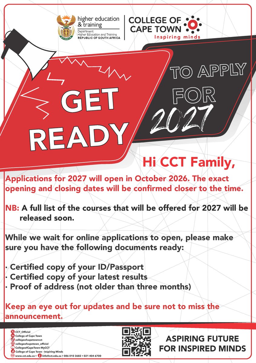 CollegeofCT's tweet photo. CCT Family
We know you’ve been waiting patiently, and the wait is almost over!
Applications for 2027 will open in October. The exact opening and closing dates will be confirmed closer to the time.
NB: A full list of the courses that will be offered for 2027 will be released soon. https://t.co/rfNnSLo2nd