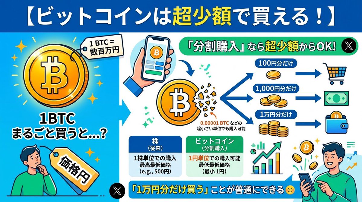web3_0213's tweet photo. 「ビットコインって高くて買えない…」そう思っていませんか？実は1万円どころか、数百円からでも始められるんです。今日はそんな"少額投資の始め方"を、初心者の方にもわかるように丁寧に解説していきます！ https://t.co/2Daeir79pR