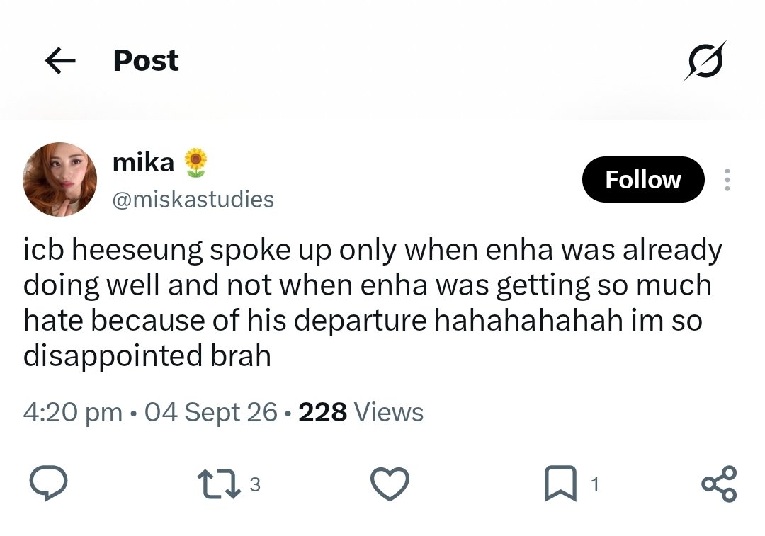 hspitch_'s tweet photo. this is how you know how fucking warped engenes minds have become. they literally take EVERYTHING heeseung says about his own life and somehow turn it into a competition or against with the their beloved six members. everything has to be about numbers, album sales, or proving something against enhypen.

his trauma is not a competition. his survival is not a marketing strategy. his music is not an attack on enhypen. not everything revolves around your obsession with comparing him to the group. 

he’s talking about his own childhood, his own trauma, his own music, and his own reasons for creating. not everything he does is about your six members. not everything is a competition. sometimes a person is simply telling his own story and choosing to share something he’s finally comfortable talking about. get that fucking mindset out of your heads.