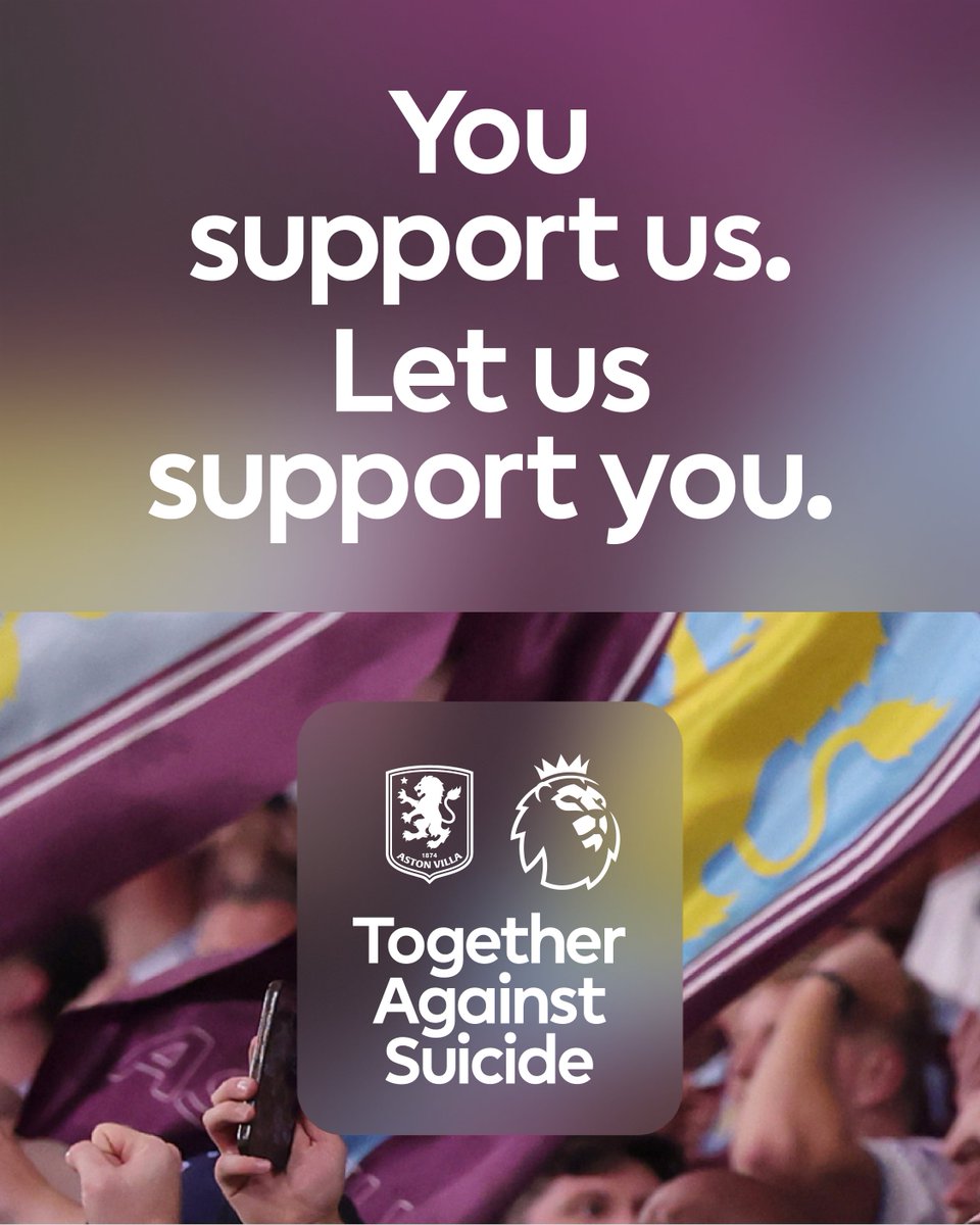 AstonVilla's tweet photo. Supporting you, Villans 💜

Aston Villa is proud to be a part of the @PremierLeague's #TogetherAgainstSuicide campaign.

Look out for Birmingham Mind, Samaritans and Andy's Man Club around Villa Park, offering information and support throughout the season.

➡️ https://t.co/Ru4exn8yut
