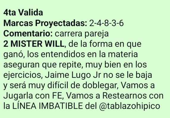tablazohipico's tweet photo. #Hipismo | Aficionados y Consecuentes seguidores del #TablazoHipico 

#LaRinconada
#Domingo 6 de Septiembre 

4ta Valida #5y6
2 MISTER WILL 
LINEA IMBATIBLE 

Hay 2 ESPECIALES para conseguir 

Consultenos y Póngase a GANAR! 💰 

🔥 Activa la PROMOCIÓN 4x3 🔥

Haga contacto YA! https://t.co/xBMO2s69NK