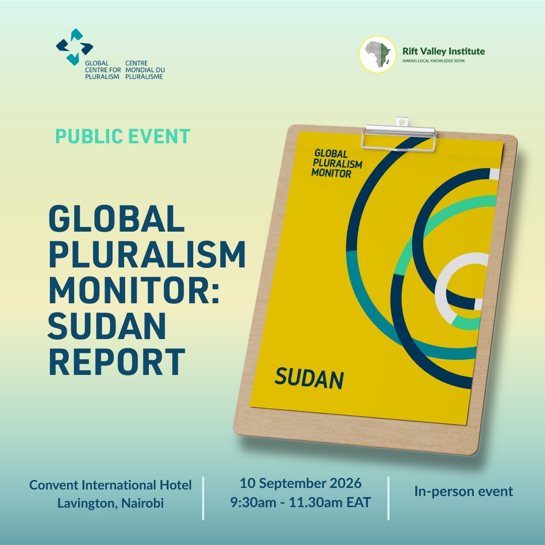 RVInews's tweet photo. Amid Sudan’s worsening conflict, Sudanese civilians are finding new ways to build pathways to peace.

Join RVI + @GlobalPluralism on 10 Sept in Nairobi to launch the Global Pluralism Monitor: Sudan and discuss civil society, pluralism and peace.

Details: https://t.co/LW0EYgMAhK https://t.co/mRBV5ZG3v8