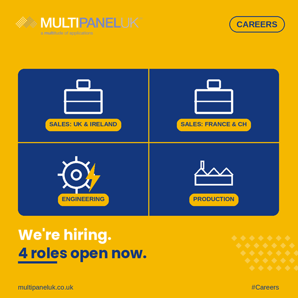 MultipanelUK's tweet photo. We're hiring! 🚀 4 roles open now — Business Development Managers (UK &amp; Ireland) and (France &amp; Switzerland), Automation &amp; Electrical Engineer, Production Operative.
Apply: https://t.co/cBY9KkFLhF
#Careers #Hiring https://t.co/BSXCot04Ip