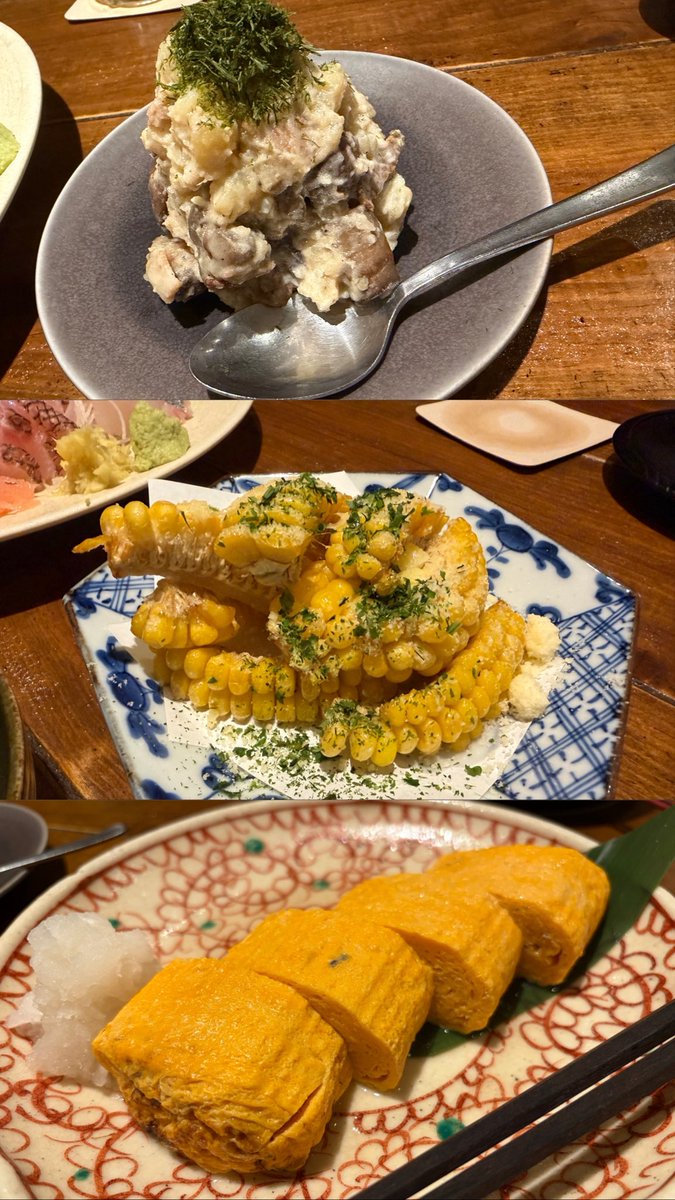 mimimi_umaimono's tweet photo. 飯田橋でお魚と日本酒が良な居酒屋さん

刺し盛り美しい……！薬味もたくさんつけてくれるの嬉しすぎる。これだけでお酒が進む。とうもろこしの唐揚げはパルメザンチーズかかってて好。キュウリとゴーヤの梅豆腐かけもさっぱり。穴子の天ぷらもカレー塩で夏感。みんなで行って色々頼みたい素敵居酒屋 https://t.co/Vniw7jO1kl