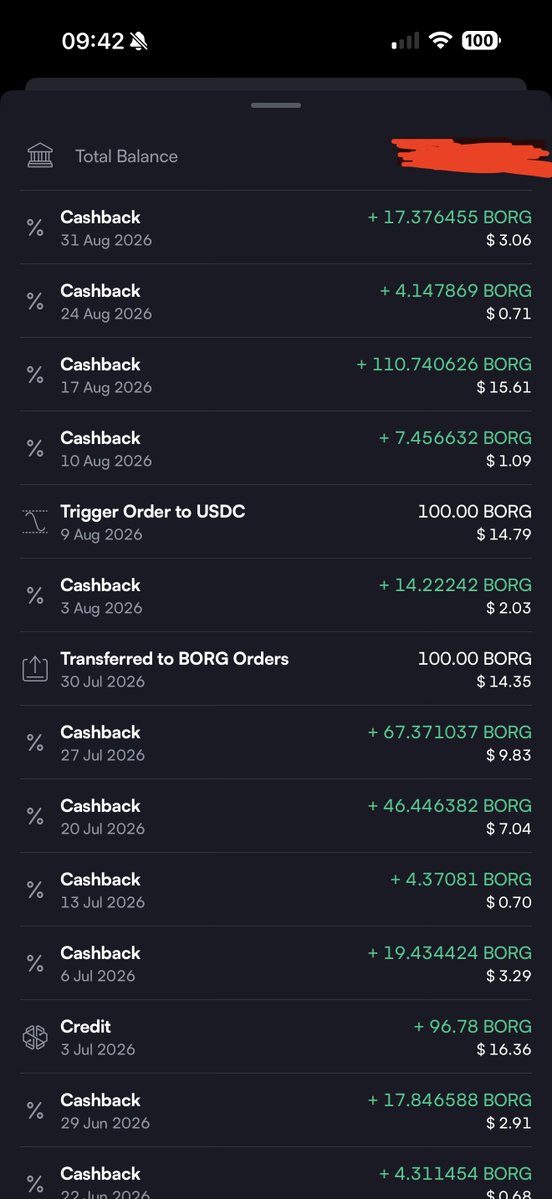 FreepanO's tweet photo. GM Borgers,

$BORG went up +50% in less than a month.

Notional line turned bullish on the daily.

Since Aug. 20th, you can see a somewhat strong correlation between the bitcoin:native and the $BORG charts.

Quite bullish signals 🐂 if you ask me!

Btw, if you have accumulated or just been trading this summer ☀️ on the @swissborg app, you have been paid to trade.

Why? 
Because trading on SwissBorg didn't cost some of our users anything.

How?
Every trade earns BORG cashback (and go up to 99% based on your loyalty rank).
This summer, thanks to BORG recent price action, cashback is now worth more than the fees our users paid.

TLDR
If your net fees is negative ⬇️, then trading paid you 💰

I've attached a screenshot from my account as evidence.