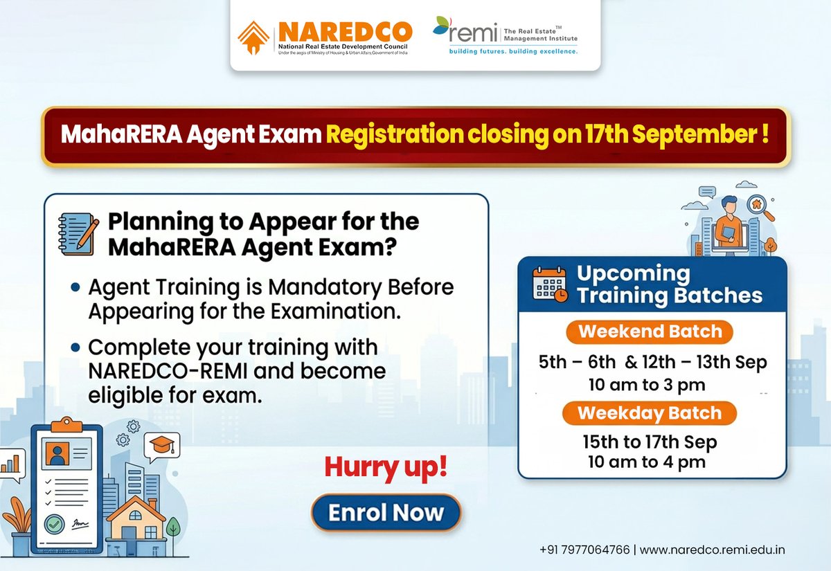 REMInstitute's tweet photo. 🚨 MahaRERA Agent Exam Registrations closing in 2 weeks!
Complete your mandatory training with the authorised training partner of MahaRERA, NAREDCO-REMI and stay on track for your MahaRERA certification.
🌐https://t.co/TTauyml5yq
#MahaRERA #MahaRERAAgent #RealEstateAgent https://t.co/M39xtIj29q
