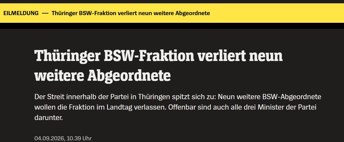Sunnymica's tweet photo. Gleich neun weitere Abgeordnete wollen die Thüringer BSW-Fraktion verlassen.
Ok, Mathe war zwar nie mein Lieblingsfach, aber selbst ich sehe da gewisse strukturelle Herausforderungen beim BSW. ☝️🥹

Eben haben neun weitere Abgeordnete aus der Thüringer BSW-Fraktion angekündigt, den achso schönen BSW-Traum zerplatzen zu lassen – darunter alle drei BSW-Minister.

Zur Erinnerung:
Die Fraktion hatte ursprünglich 15 Mitglieder.
Drei waren schon weg.
Jetzt neun weitere.

Ich will mich nicht zu weit aus dem Fenster lehnen, aber das sieht nicht mehr ganz nach einem kleinen innerparteilichen Missverständnis aus. 😏

Sahra Wagenknecht hatte die ersten Austritte noch als „mieses Spiel“ bezeichnet und sinngemäß erklärt, damit solle dem BSW vor der Wahl in Sachsen-Anhalt geschadet werden.

Nun ja.

Wenn am Ende fast die komplette eigene Fraktion davonläuft, wird die These vom perfiden äußeren Angriff irgendwann ein bisschen sportlich.

Aber gut:
Heute wird weiter Wahlkampf gemacht.
In Sachsen-Anhalt.
Mit Sahra Wagenknecht.
Vor wem eigentlich noch?
Arme, arme Sahra. 
Ob ihr Oskar wenigstens die Hand halten wird? 😭

#BSW #SahraWagenknecht #Thüringen #SachsenAnhalt #Landtagswahl2026