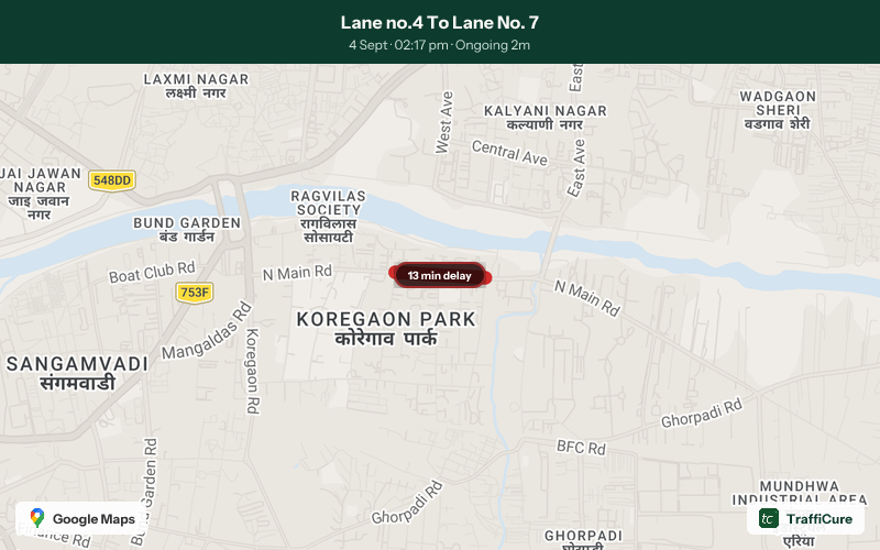 trafficure's tweet photo. Congestion alert: Lane no.4 To Lane No. 7
13-minute delay
88% slower than usual
Current speed: 2 km/h
Ongoing for 2 min and counting
@PuneCityTraffic @PuneCityPolice have been notified. #PuneTraffic #TrafficAlert #PuneMonsoon https://t.co/lt9GL3q6Ki