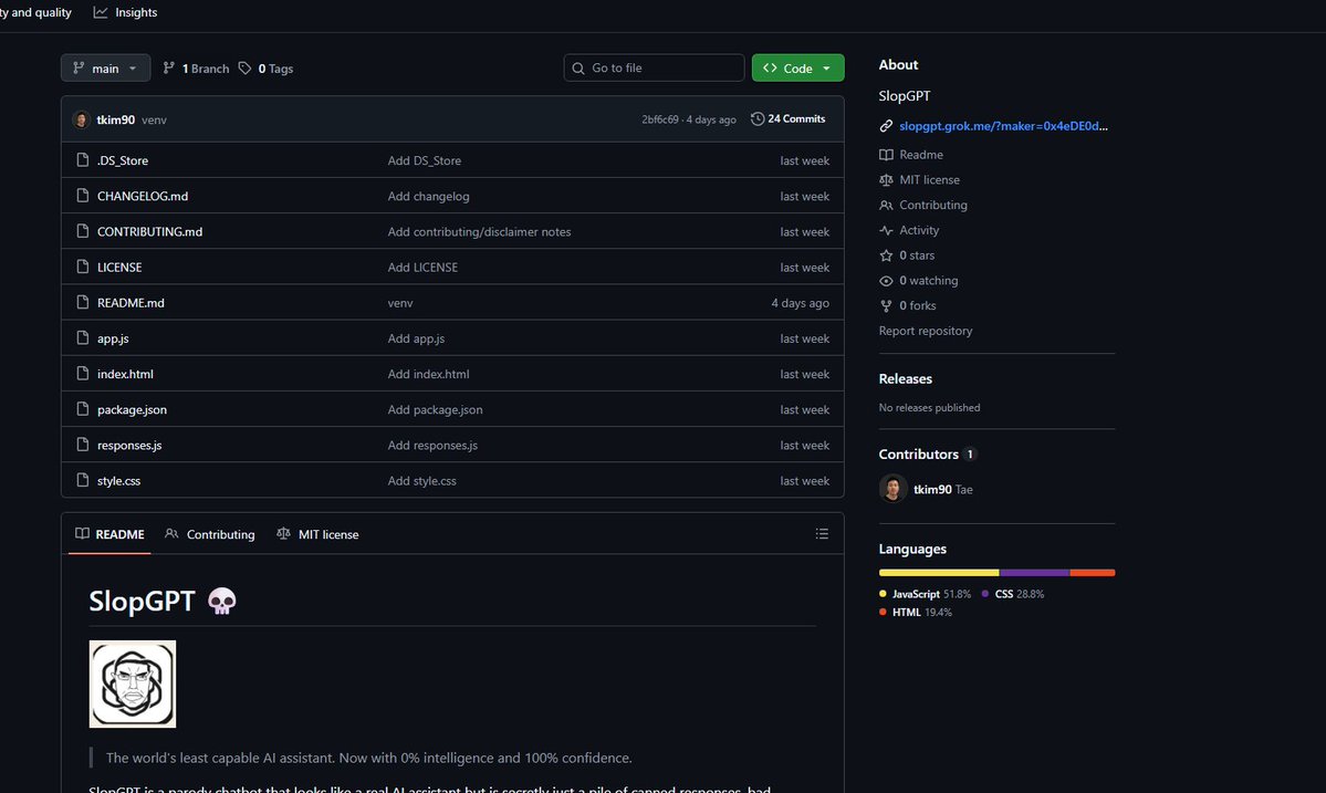 shebuildsrobots's tweet photo. THIS IS GIGA

This SpaceX Developer deployed an GPT to meme Chatgpt called "slopgpt"

https://t.co/y92PuFxcZM

He even made a whole website for it aswell

https://t.co/sUIPbp8PMm

His github links on his personal website in bio
https://t.co/q77VQcvpO2 https://t.co/jb7yYW9jVH