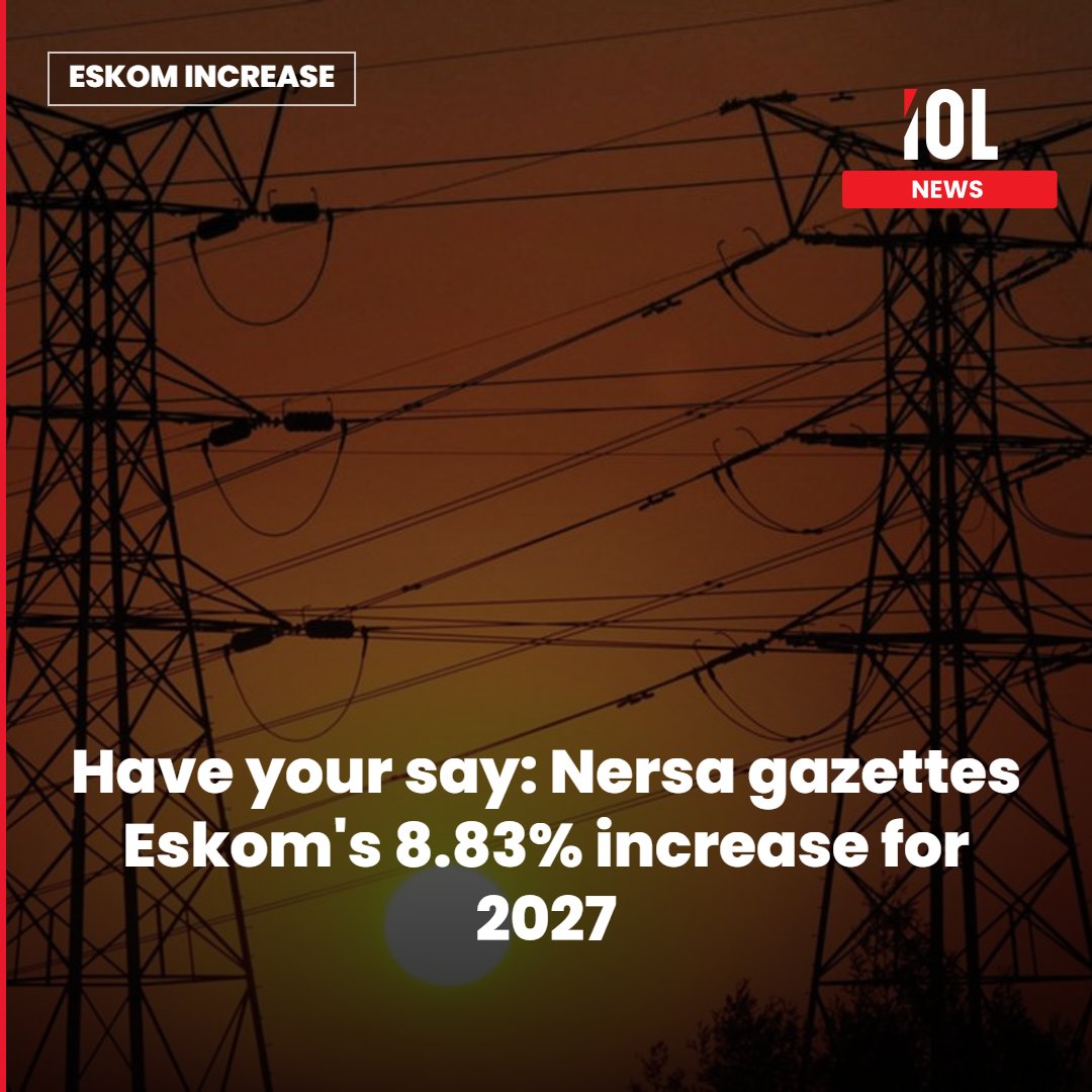 IOL's tweet photo. South Africans have been given four weeks to put forward their views on Eskom’s proposed 8.83% electricity price increase for next year.
Read on https://t.co/e4N5p3JDJr
#news #TariffHike #PowerCosts #EskomIncrease #PublicInput https://t.co/sb3czjsFTV