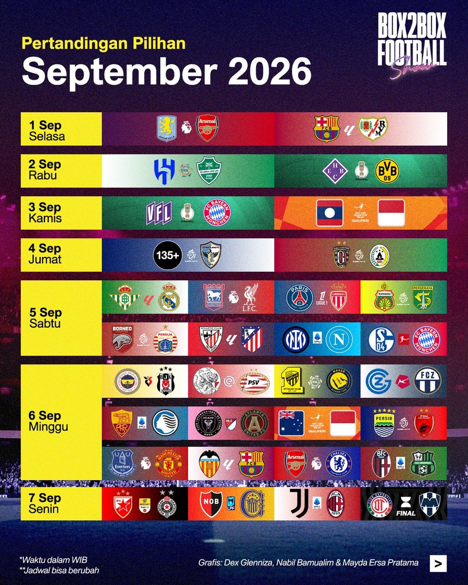 Box2BoxBola's tweet photo. Jadwal Sepak Bola September 2026 🔥

Super League, Champions League, Europa League, &amp; Conference League akhirnya balik lagi.

Save, repost, &amp; share postingan ini! Jangan sampai ada yang kelewatan! 📲 https://t.co/S6tsUzGwYy