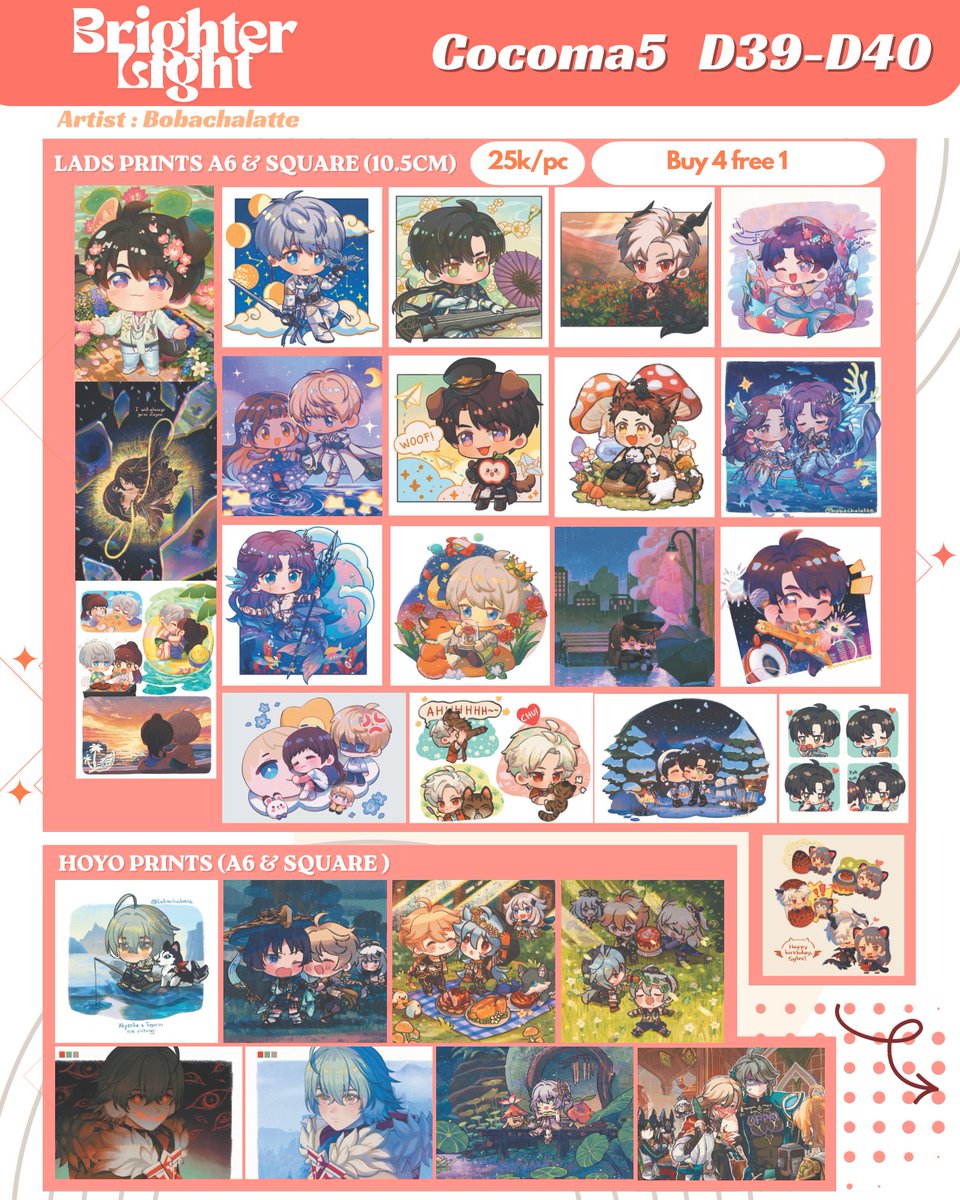 chillycheem's tweet photo. [❤&amp;🔁 appreciated!]

Hi, this is our Catalogue+Giveaway for Cocoma5 [1/3]
♦️Circle: Brighter Light
♦️Artist : Chillycheem, Bobachallatte, smize.story
♦️Booth No: D39-40 (Both Days)
♦️Fandom: Love and Deepspace, Genshin, HSR, Original

#cocoma5 #cocoma5catalogue https://t.co/suAw5feSQb