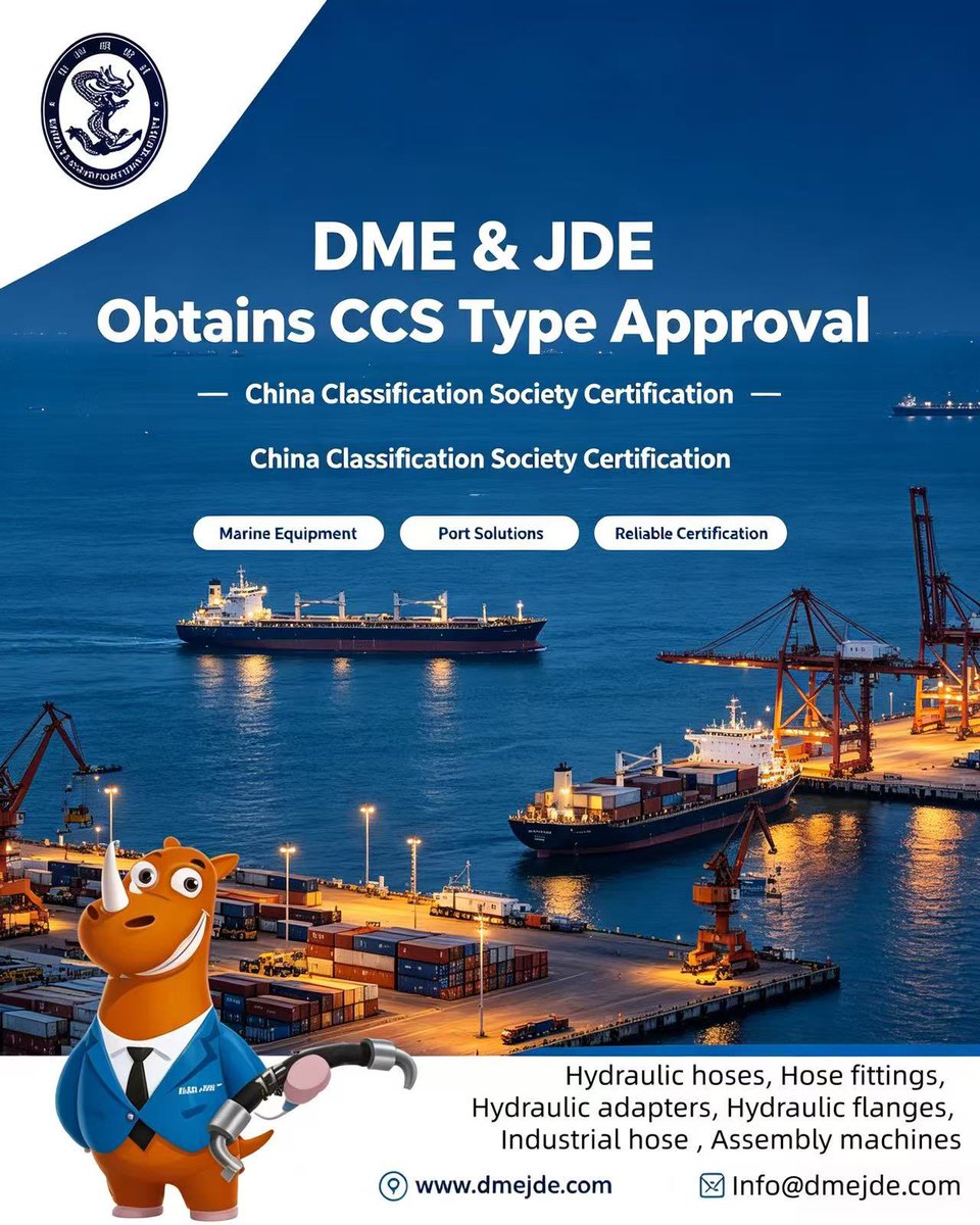 DFulid's tweet photo. 🎉Great news!
DME &amp; JDE is proud to announce that our hydraulic hose products have successfully obtained CCS (China Classification Society) Type Approval Certification
✅Hydraulic hoses
✅Hose fittings &amp; adapter
✅Industrial hoses
✅Hose assembly machines
https://t.co/R7yWKlHvT1 https://t.co/5RKJ6a1LyO