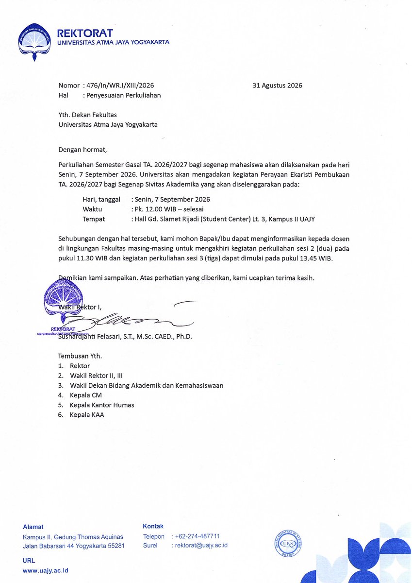 FTB_perkuliahan's tweet photo. #Pengumuman Penyesuaian Perkuliahan karena Misa Awal Semester Gasal TA 2026/2027. Mhsw dimohon menyesuaikan. https://t.co/rIuEZAL5GK