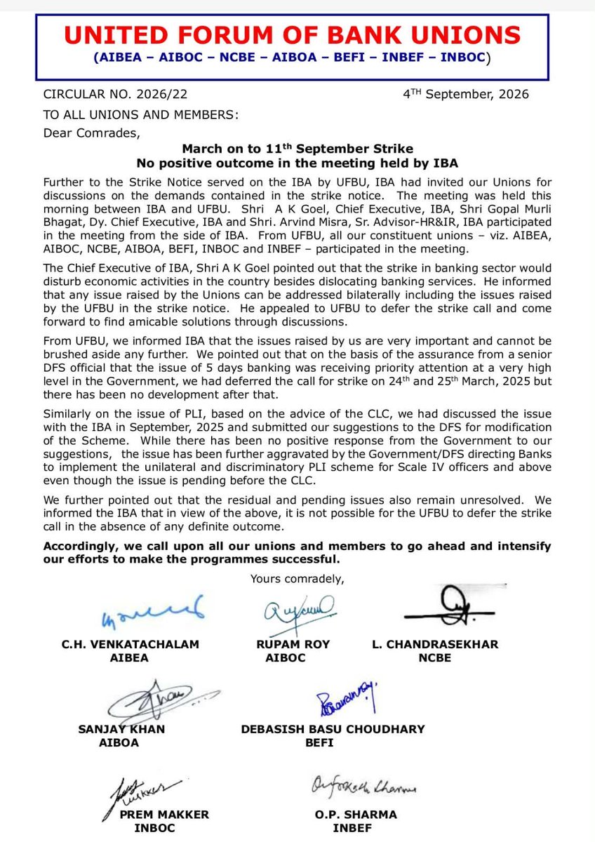 TheBankersVoice's tweet photo. What an irony !!

Shri A.K. Goel, Shri Gopal Murli Bhagat & Shri Arvind Misra of IBA might have already received ₹15 lakh+ each as PLI.

Before receiving the PLI, did they ever think about how a discriminatory PLI scheme could discourage lakhs of bank employees ?

Now, after receiving their PLI, they are concerned that a strike may “disturb economic activities” and disrupt banking services and are asking @UFBUIndia to defer the strike.

Before receiving such PLI, was there similar concern about the demoralisation and loss of trust among lakhs of employees ?

Now the concern is about disruption to banking.
But what about the disruption to employees’ morale and trust ?

#PLI #UFBU #Bankers #BankingSector #BankEmployees #PublicSectorBanks #BankingStrike #EmployeeMorale #FairPLI #5DaysBanking
