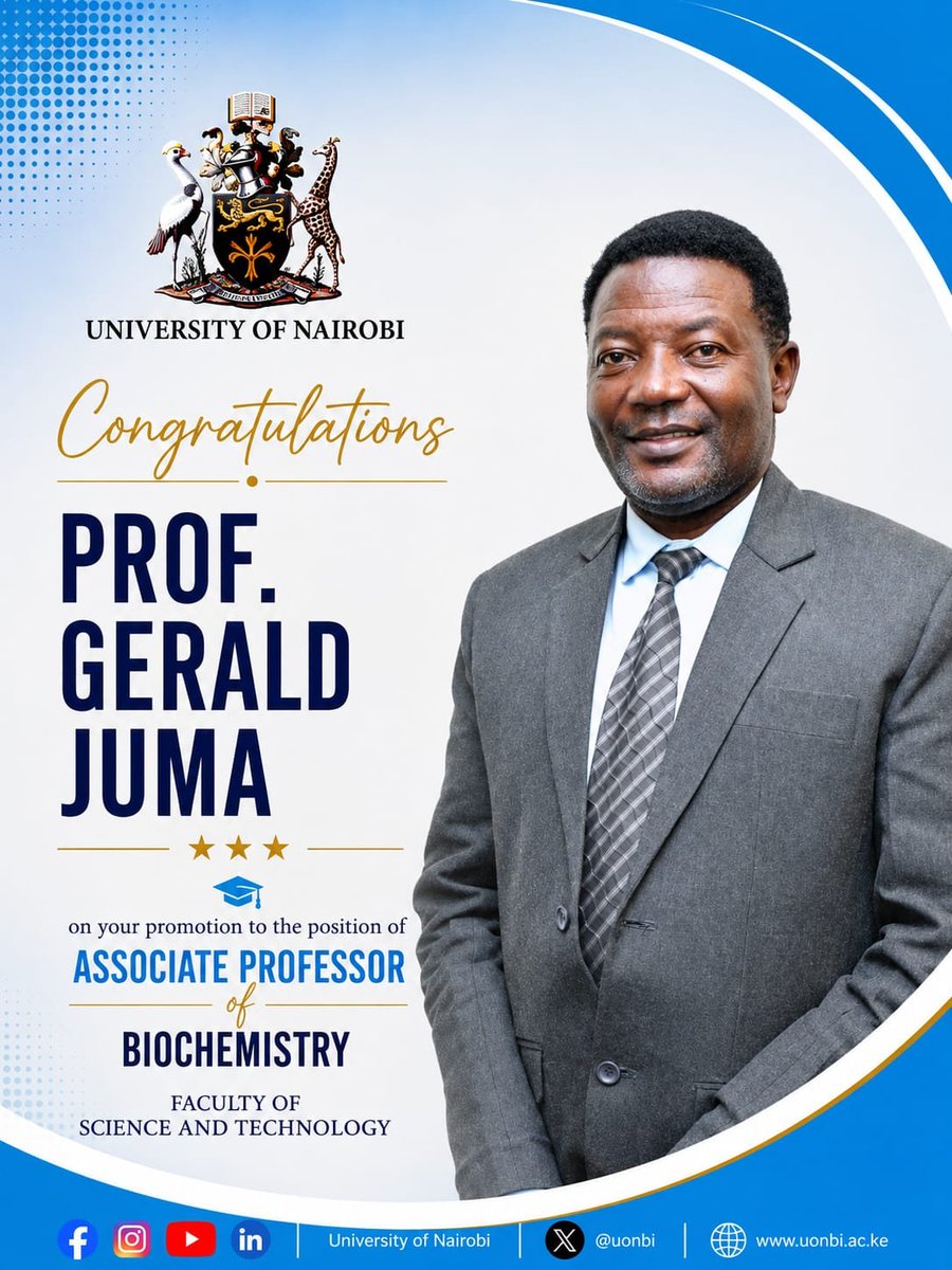 UONFST's tweet photo. Congratulations to Prof. Gerald Juma on his promotion to Associate Professor of Biochemistry in the Faculty of Science and Technology.
May this new chapter bring even greater impact in teaching, research and mentorship. 

@uonbi #wesreUoN #UoNstars https://t.co/P9lnodZ0We