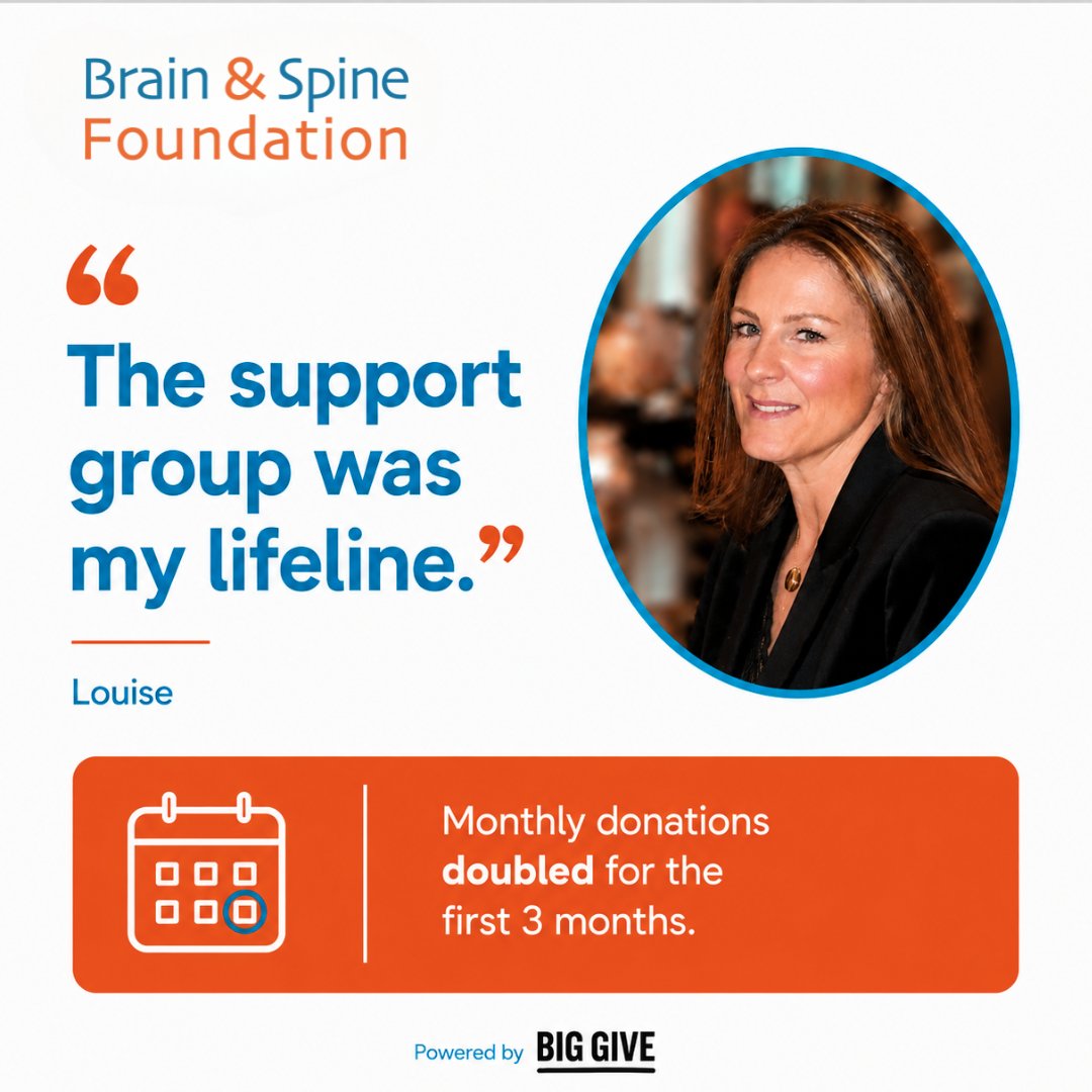 brainspine's tweet photo. After a subarachnoid haemorrhage, Louise found support, advice &amp; connection through our peer support group.

This September, new monthly gifts made 1–28 Sept will be doubled for 3 months, powered by Big Give.

Donate today.

https://t.co/hJzNgaeleU

#biggive https://t.co/B38zCNXXeW