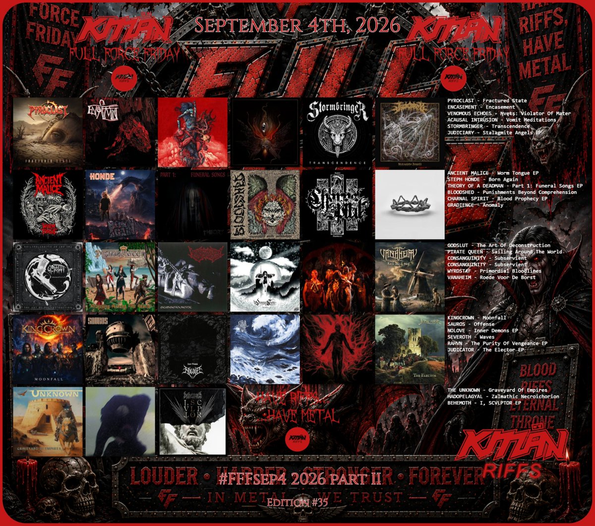 KMANRIFFSMetal's tweet photo. FULL FORCE FRIDAY:⚔️September 4th 2026⚛️⚔️
“Welcome to our sanguinary sect of worship, Feel at home in our black conventicle, As we anathematize all of..."⚛️
📢54 for the Walls of Deth!➡️Don't summon the devil...Have Riffs, Have Metal!⚛️
#FFFSep4 Comment and Repost!🤘👹🤘#KMäN https://t.co/cZjHvM8uxH