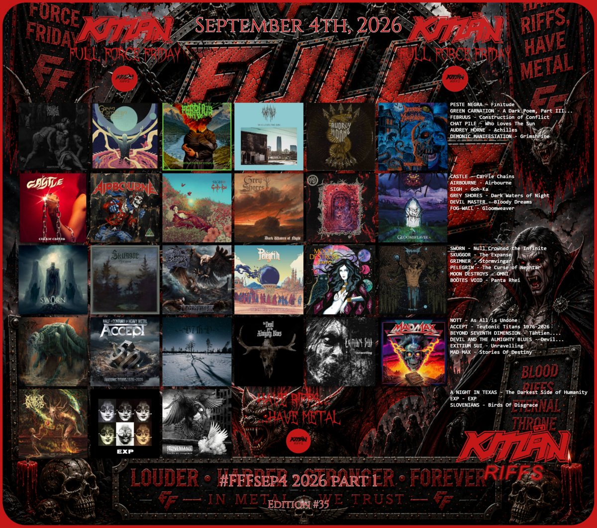 KMANRIFFSMetal's tweet photo. FULL FORCE FRIDAY:⚔️September 4th 2026⚛️⚔️
“Welcome to our sanguinary sect of worship, Feel at home in our black conventicle, As we anathematize all of..."⚛️
📢54 for the Walls of Deth!➡️Don't summon the devil...Have Riffs, Have Metal!⚛️
#FFFSep4 Comment and Repost!🤘👹🤘#KMäN https://t.co/cZjHvM8uxH