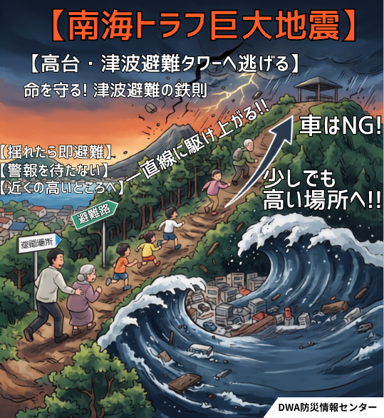 DWAbousai0111's tweet photo. 皆さんご存じですか？　
南海トラフ巨大地震の津波リスクを！

南海トラフ地震の被害想定では、震度７程度の地震と巨大津波が襲来する予測がされています。
その、予測では、到底逃げ切れないのではないかと思えるほどの時間で津波が到達する予測がされています。
いつ来るか分からない、今起きてもおかしくない
南海トラフ巨大地震への備えと、日ごろからの心構えについて数回に渡って、私のできる限りの知識、公的機関の引用、研究機関の文献などを使ってお伝えいたします。

今日のテーマは、「津波から逃げる」です。

津波想定地域の皆様、想定地域外の皆様も
是非ご一読ください。知識は財産です。

◆到達時間の詳細と特徴◆
・最短3分での到達
地震発生からわずか約3分という猛スピードで、高さ1mの津波の第一波が海岸線に到達すると予測されています。

・地域ごとの圧倒的な高さと速さ
室戸市で最短3分（最大24m）、土佐清水市で4分（最大34m）、黒潮町で8分（最大34.4m）など、震源域に近い沿岸部では「揺れが収まるのを待ってから逃げるのでは間に合わない」ほどのスピードで超巨大津波が襲来します。

・10mを超える巨大津波
湾の奥まった一部の地域を除き、県内のほぼすべての海岸線で最大津波高が10メートルを超えると想定されています。

・生き延びるための知恵と鉄則
「津波コモンズ」やタワー、高台へ最短で逃げる
平地を長く歩くのは厳禁です。少しでも標高の高い場所、または近くにある津波避難タワーや避難ビルへ、とにかく「直線的かつ高所へ」駆け上がります。車での避難は渋滞に巻き込まれるリスクが高いため、原則として徒歩が鉄則です。

・「揺れたらすぐ逃げる（警報を待たない）」
大津波警報の発表をテレビやスマホで確認している時間は一切ありません。震度6弱以上の激しい揺れ、あるいは弱くても長くゆっくりとした揺れを感じたら、「警報が出ていなくても、その場で即座に高台へ逃げ始める」ことが命運を分けます。

・「遠くへ」ではなく「近くの高いところへ」
指定された遠くの避難所が海沿いや川沿いにある場合、そこへ向かう途中に津波に飲まれる危険があります。「今いる場所から一番近い、頑丈な高い建物や斜面」へまずは逃げることが重要です。

・津波は「引き波」ではなく「押し波」から来る
「一度海が引いてから津波が来る」というのは大きな誤解です。実際には凄まじい勢いの「押し波」が最初に、あるいは前触れなく突然襲いかかります。「引き波を待つ」「海を確認する」といった行動は絶対に避けてください。

・第一波が引いた後も何日も戻らない
津波は1回だけで終わらず、何波にもわたって数時間〜場合によっては丸一日以上押し寄せ続けます。「警報が解除されるまで」「安全が公に確認されるまで」、絶対に低地や自宅へ戻ってはいけません。
ーーーーーーーーーーーーー
南海トラフ 津波避難診断デジタルツール
あなたの地点に、津波は何分で・何メートル来るのか。逃げ切れるのかを確認しましょう。
https://t.co/LqEg44VYXS

#南海トラフ巨大地震 #大津波 #大津波警報 #津波避難タワー #垂直避難 #ハザードマップ #避難袋は玄関に #大地震時即座に避難

🚨緊急対応マニュアル
（様々な災害、事件、事故の対応方法をテキストと音声でサポート）
https://t.co/GaYq2mk3wU
📢SOSビーコン
（音と光で現在位置を救助隊に知らせる）
https://t.co/3aeELO6JTk
近くを探す
https://t.co/MbJMHt67Py