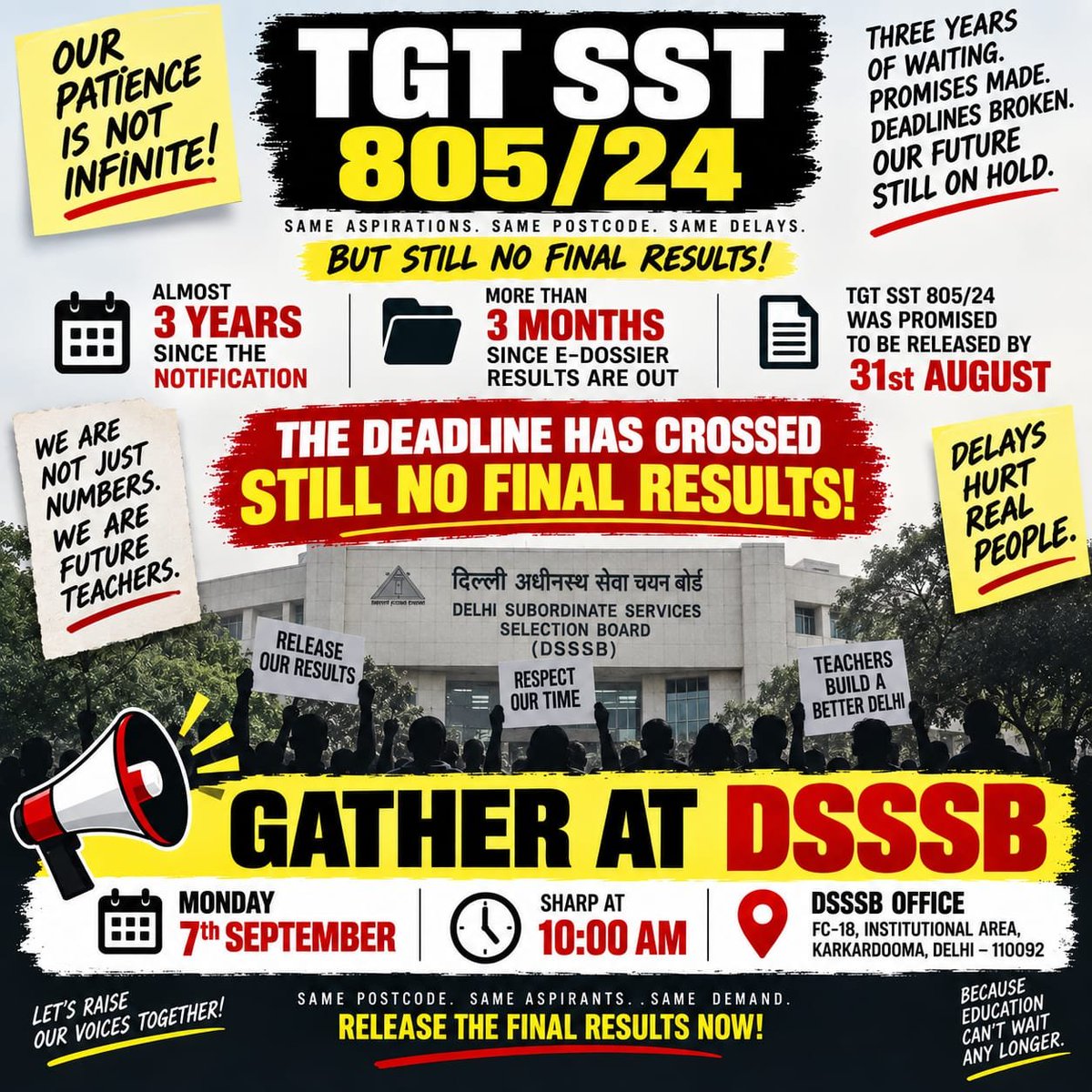 candidtalks7's tweet photo. @dsssbofficial #declareTGTSSTresult
कब खत्म होगा इंतज़ार? ⏳
कृपया DSSSB TGT SST Final Result, Post Code 805/24 जल्द घोषित किया जाए।
@CMODelhi @LtGovDelhi @dsssbofficial 🙏
#DSSSB80524 https://t.co/odpbLNWDqw