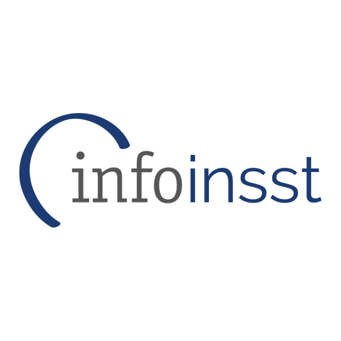 Logotipo con "info" en gris y "insst" en azul y un semicírculo azul parcial a la izquierda