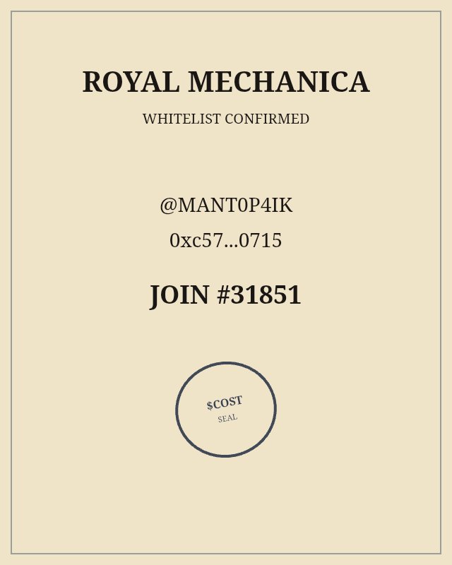 ManTop4ik's tweet photo. Just joined the Royal Mechanica whitelist.
Join #31851
@RoyalMechanica https://t.co/ZCa85w5Cpt