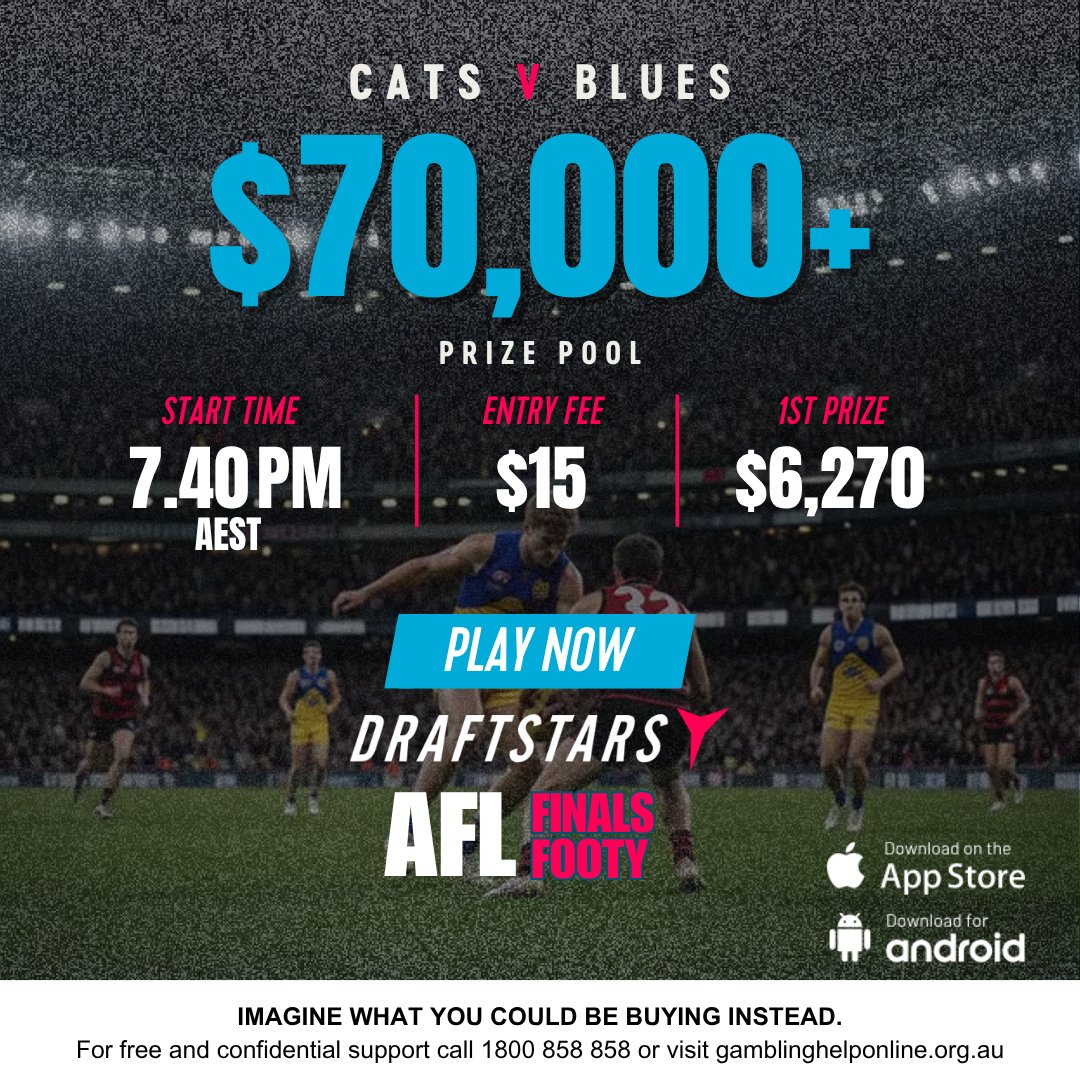 DraftstarsAU's tweet photo. Are you in for tonight's #Draftstars MEGA Prize Pool for #AFLCatsBlues 🤔

ENTER | https://t.co/gewheRUBeT https://t.co/ayTe5d1KH8