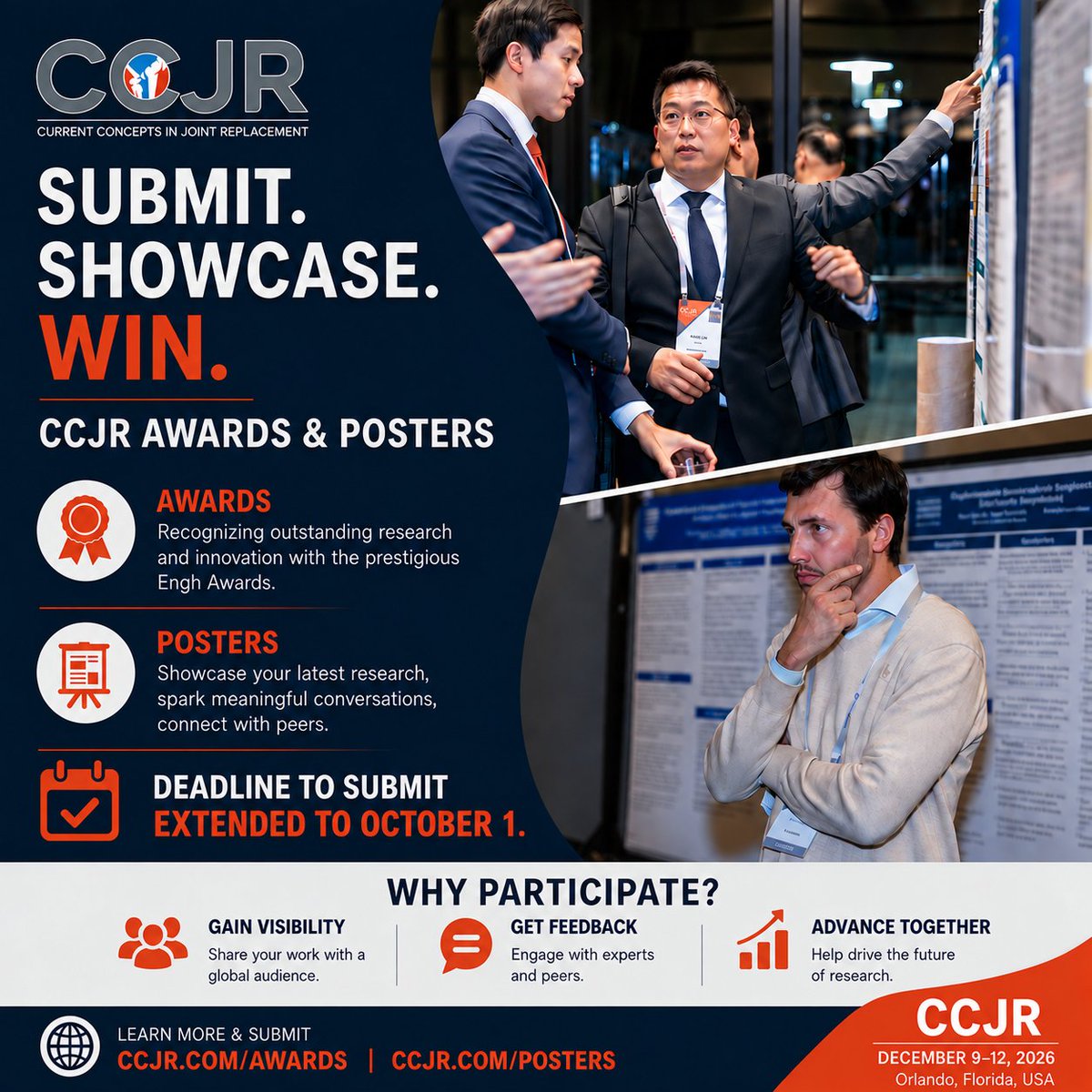 HipSocKneeSoc's tweet photo. The deadline has been extended! 🎉 Submit your latest research for the CCJR® Awards &amp; Posters by October 1, 2026. Submit today: https://t.co/x2eQJYWHdD | https://t.co/H1QLcOPBn5 https://t.co/PUgxMNY5Gi