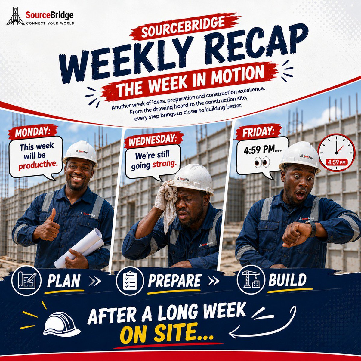 sourcebridgeltd's tweet photo. 4:59 PM on Friday be like… 👀😂
“MONDAY WILL HANDLE IT!” 🏃🏽♂️💨
#TGIF #ConstructionLife #SourceBridge https://t.co/Kt45s18u1U