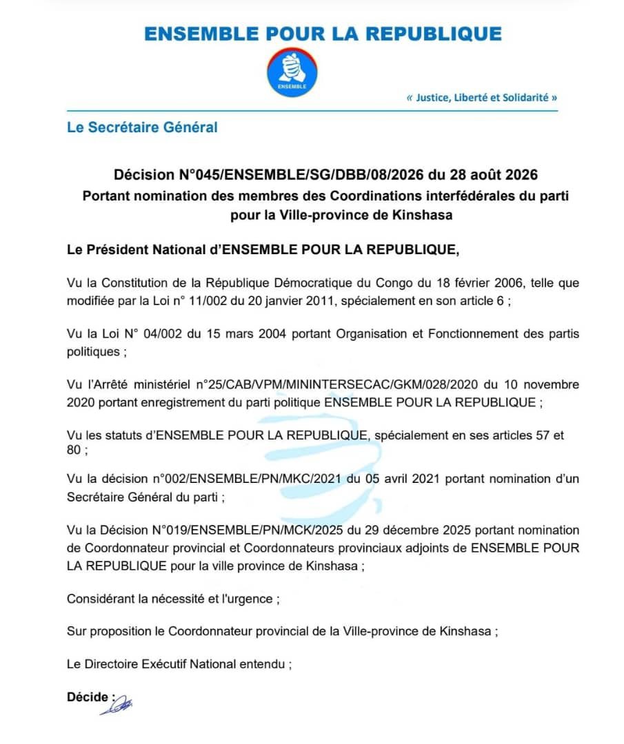 MMukanda2's tweet photo. RÉPUBLIQUE DÉMOCRATIQUE DU CONGO 

ENSEMBLE POUR LA RÉPUBLIQUE 

DÉCISION N°045/SG/DBB/08/2026 DU 28/08/2036

PORTANT NOMINATION DES MEMBRES DES COORDINATIONS INTERFEDERALES DE LA VILLE PROVINCE KINSHASA https://t.co/kzXQal2S7N
