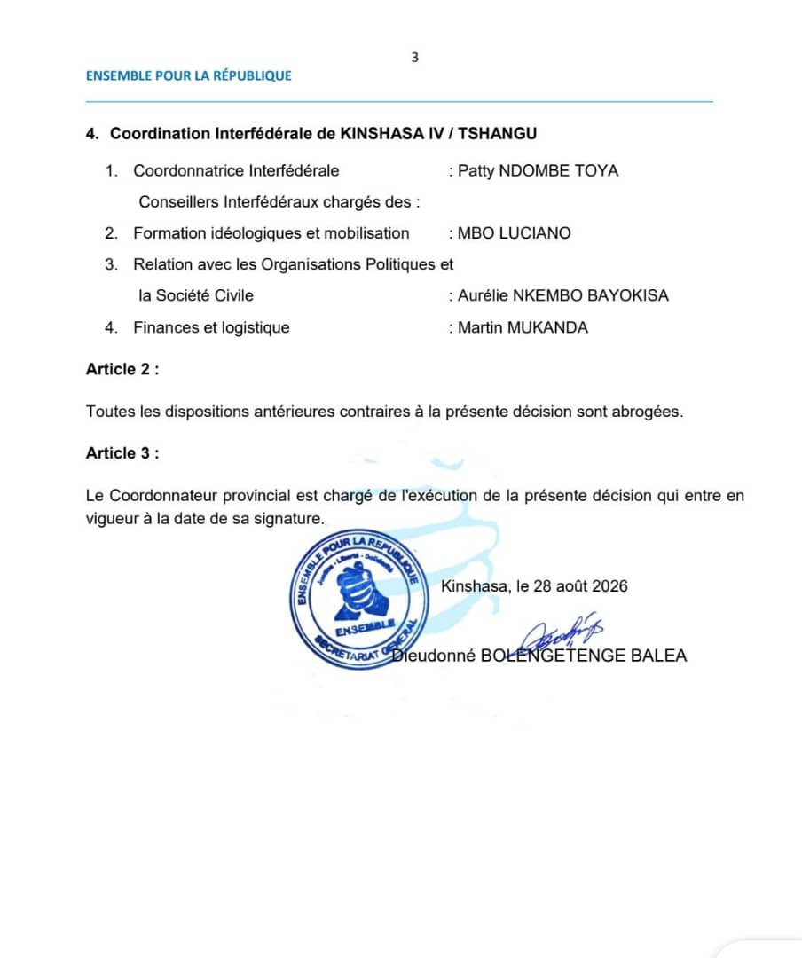 MMukanda2's tweet photo. RÉPUBLIQUE DÉMOCRATIQUE DU CONGO 

ENSEMBLE POUR LA RÉPUBLIQUE 

DÉCISION N°045/SG/DBB/08/2026 DU 28/08/2036

PORTANT NOMINATION DES MEMBRES DES COORDINATIONS INTERFEDERALES DE LA VILLE PROVINCE KINSHASA https://t.co/kzXQal2S7N